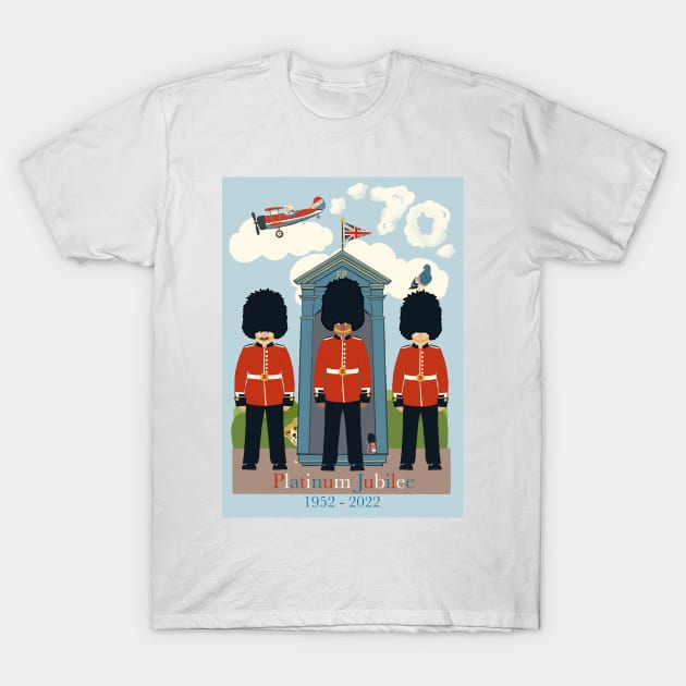 Memorial of the Queen’s Platinum Royal Jubilee Celebration with corgis, horse guards and the Queen flying her plane T-Shirt by NattyDesigns